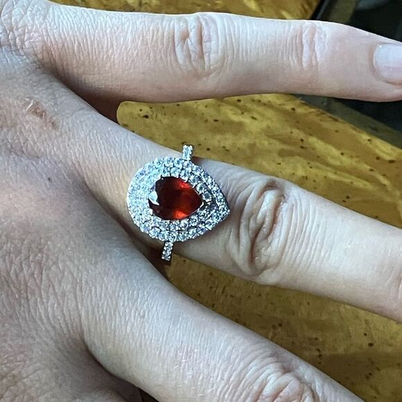 Natural Garnet Moissanite Sterling Silver Double Halo Ring Size 7.25 - Picture 3 of 8